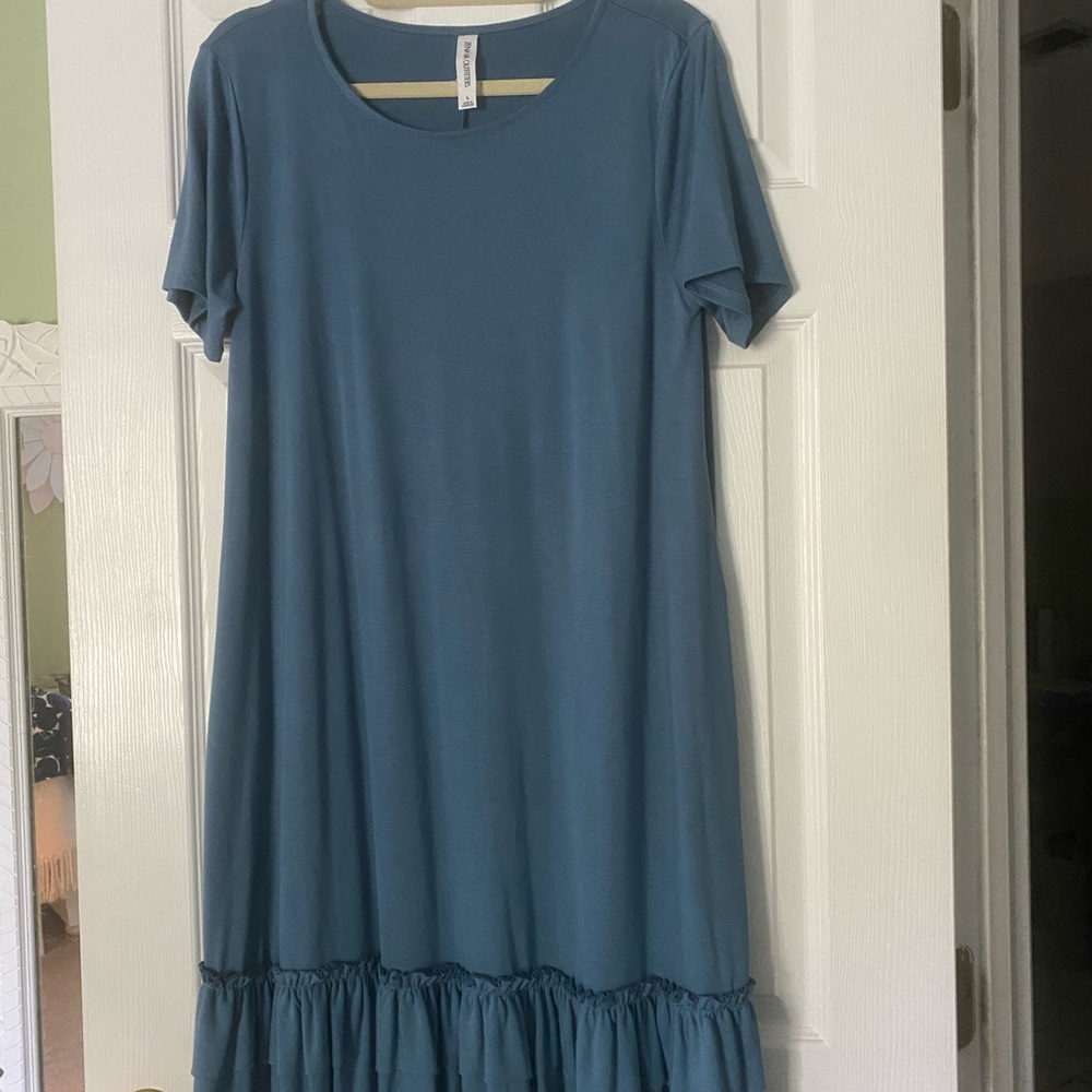 Zenana Outfitters Teal Blue Ruffle-Hem Midi Dress